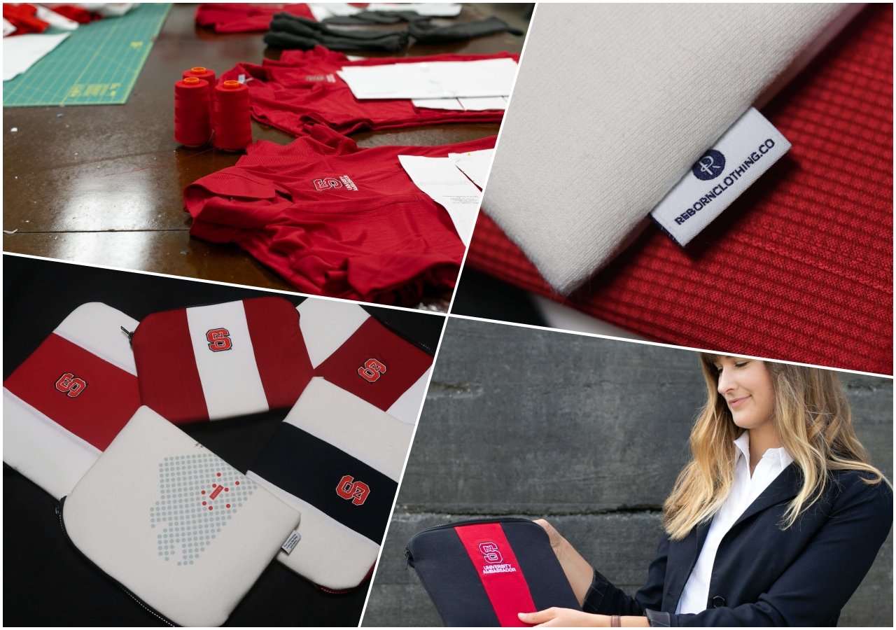Rebranded NC state laptop cases, shirts, and the Reborn logo.