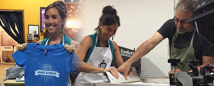 A lady holding a "Make and Bake" shirt and another photo showing her enagaging in the event.