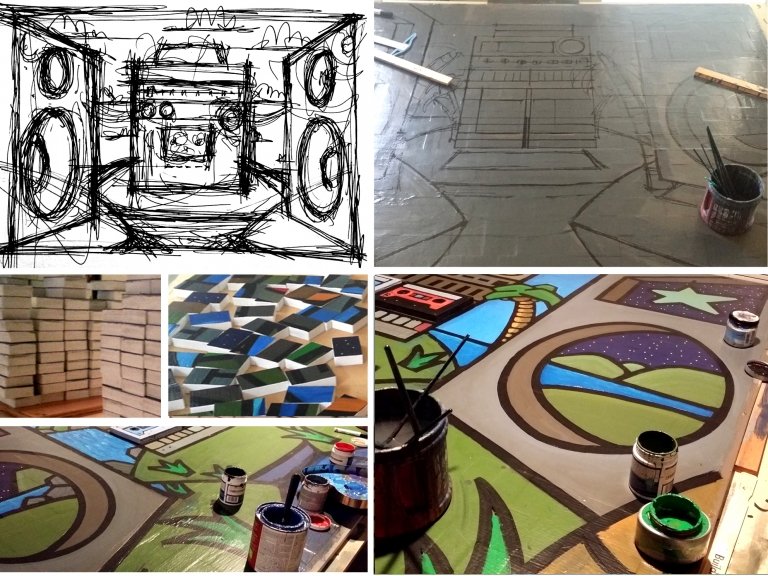 A collage of photos showcasing the design steps for a digital cassette player.