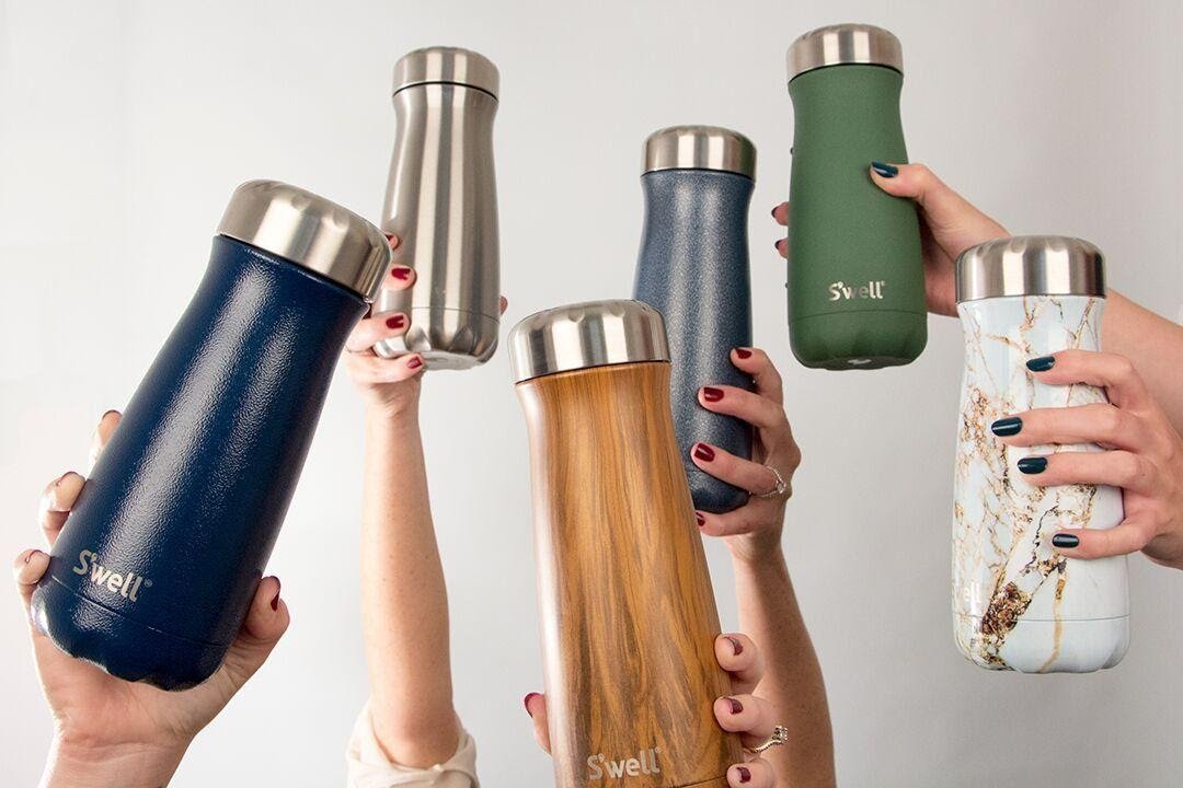 Branded water bottles.